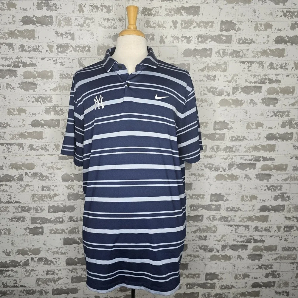 Nike Dri Fit Men NY Yankees Embroidered Navy Stripe Polo Shirt Swoosh Design 2XL